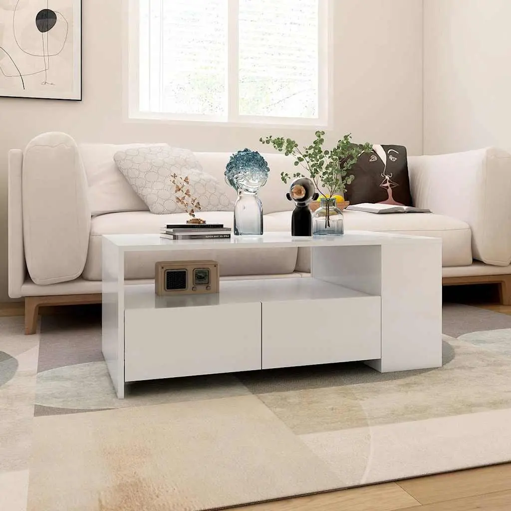 Coffee Table Engineered Wood 102cm White Storage Shelf Drawers Compartments