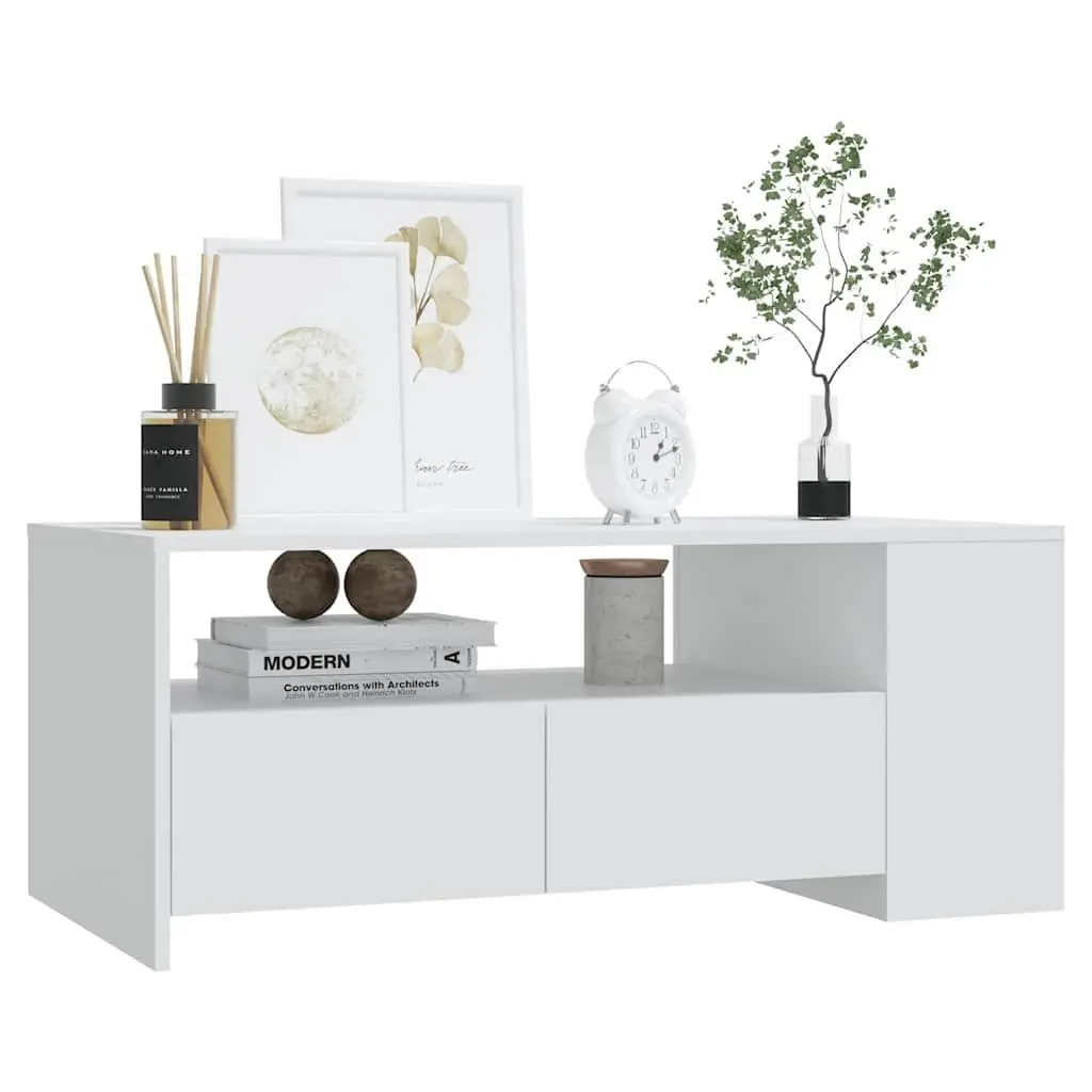 Coffee Table Engineered Wood 102cm White Storage Shelf Drawers Compartments