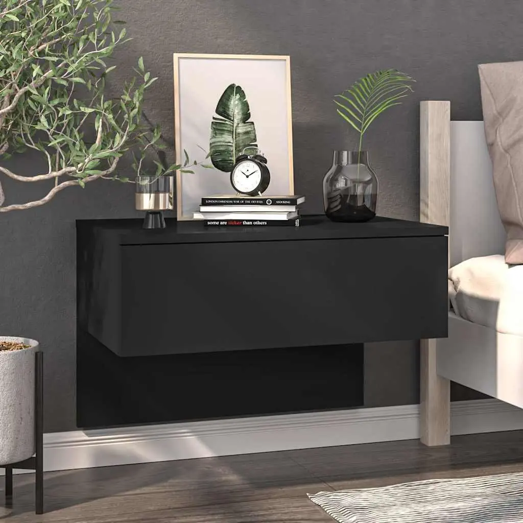 Bedside Cabinets Engineered Wood Wall-mounted 2 Piece Black Floating Storage Shelves