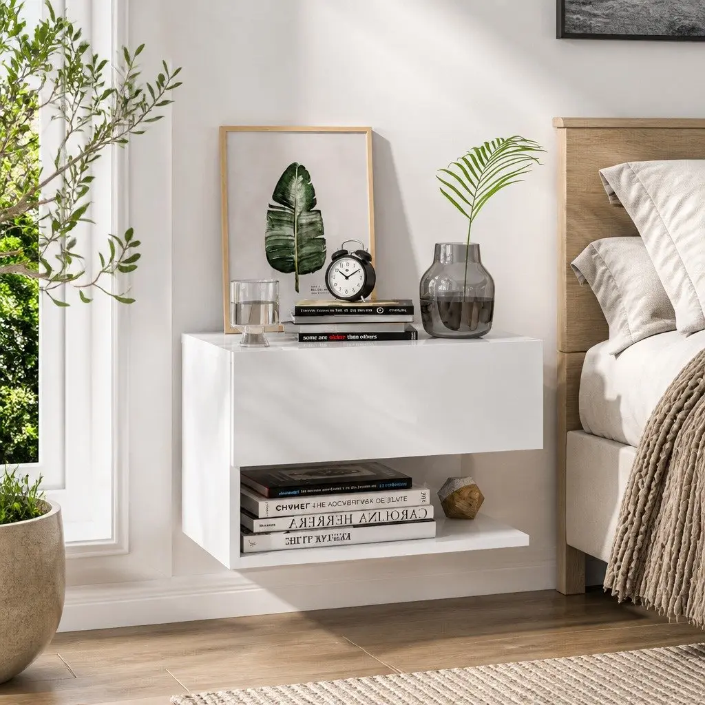 Wall-mounted Bedside Cabinet Engineered Wood High Gloss White Floating Storage Unit