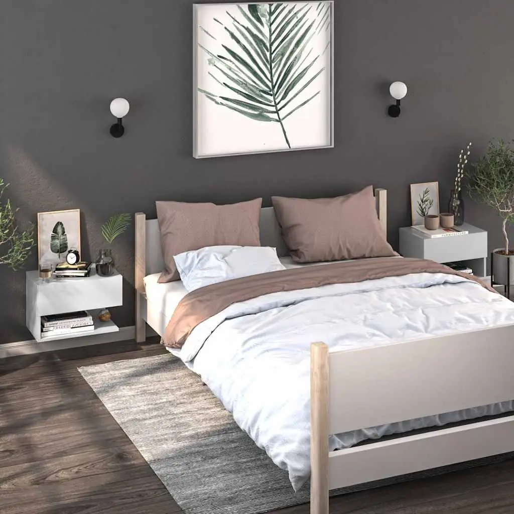 Wall-mounted Bedside Cabinet Engineered Wood High Gloss White Floating Storage Unit