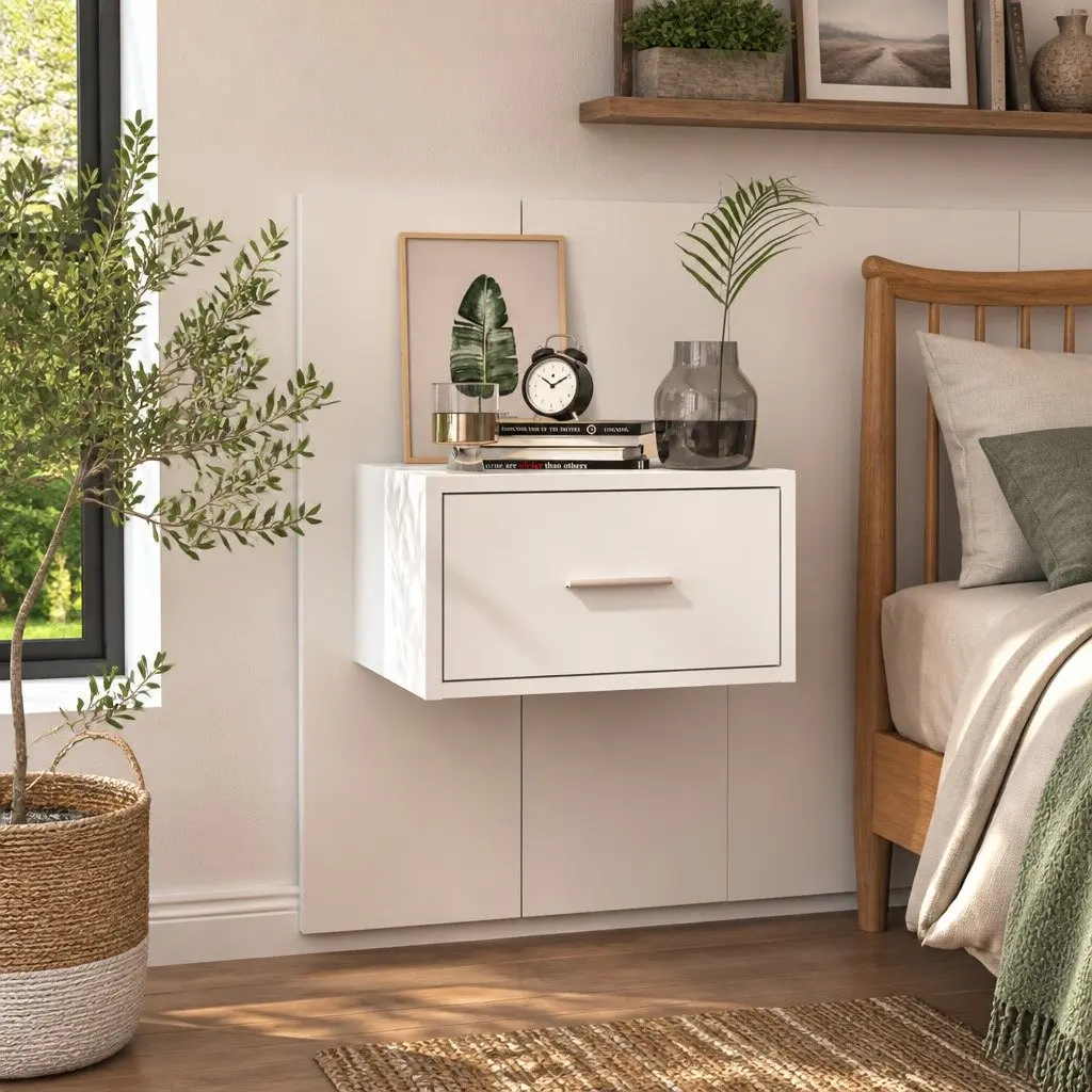 Wall-mounted Bedside Cabinet Engineered Wood White Floating Storage Unit