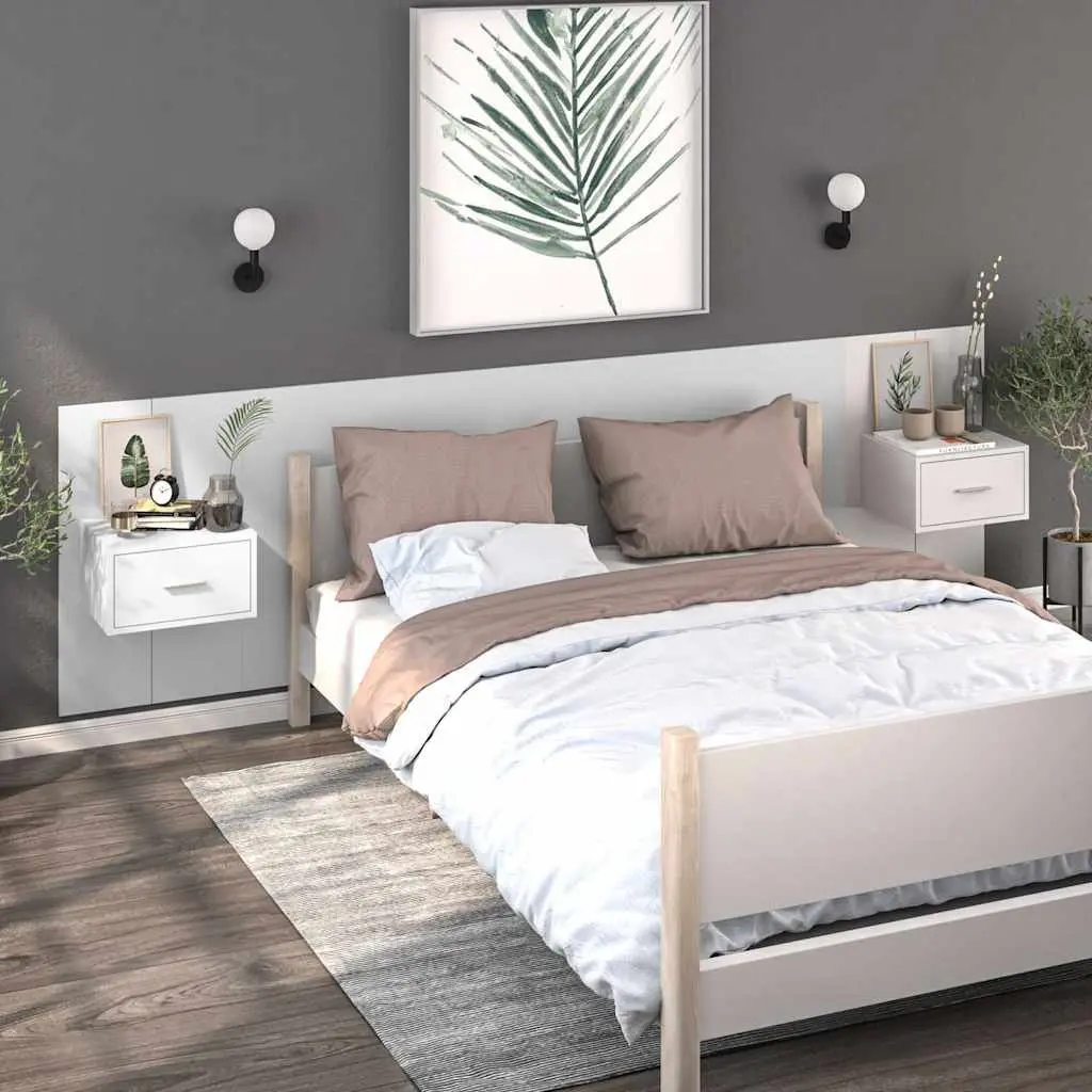 Wall-mounted Bedside Cabinet Engineered Wood White Floating Storage Unit