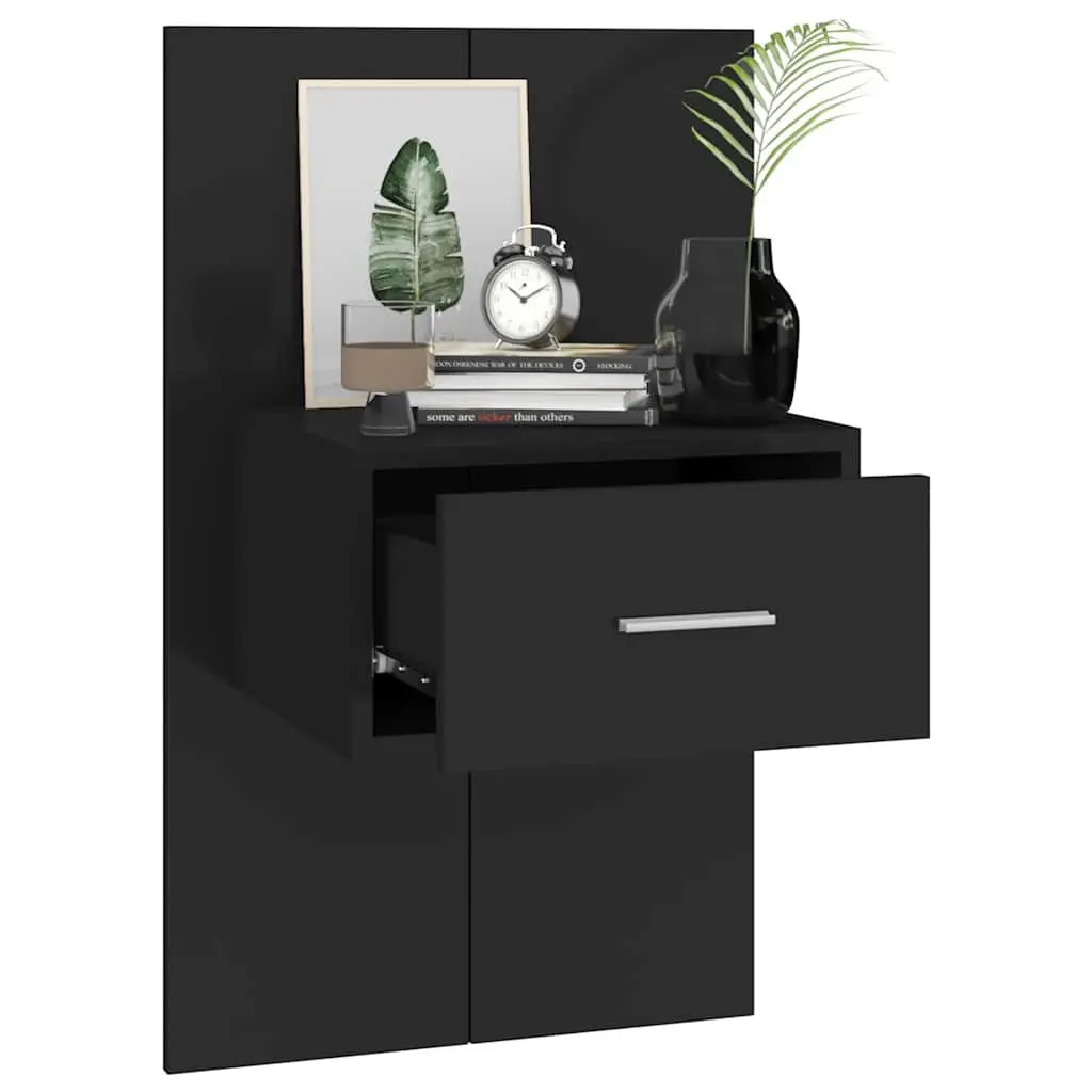 Wall-mounted Bedside Cabinets Engineered Wood 2 Piece Black Floating Storage Drawer