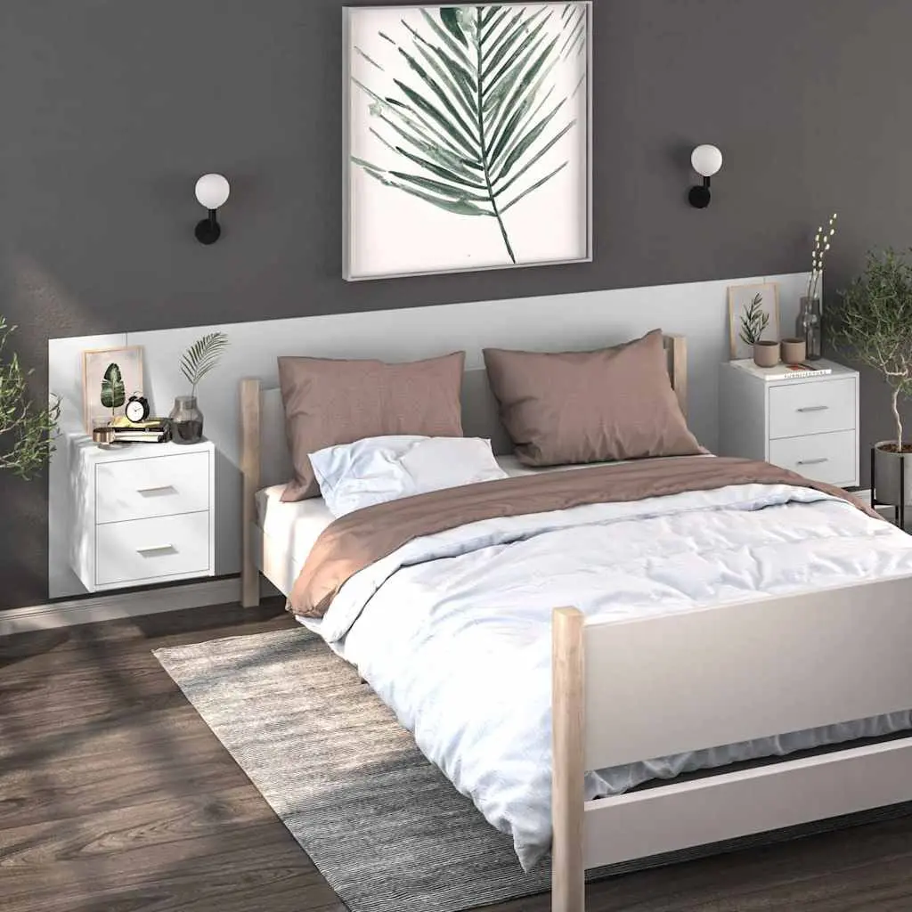 Wall-mounted Bedside Cabinet Engineered Wood High Gloss White Floating Storage Drawer Unit
