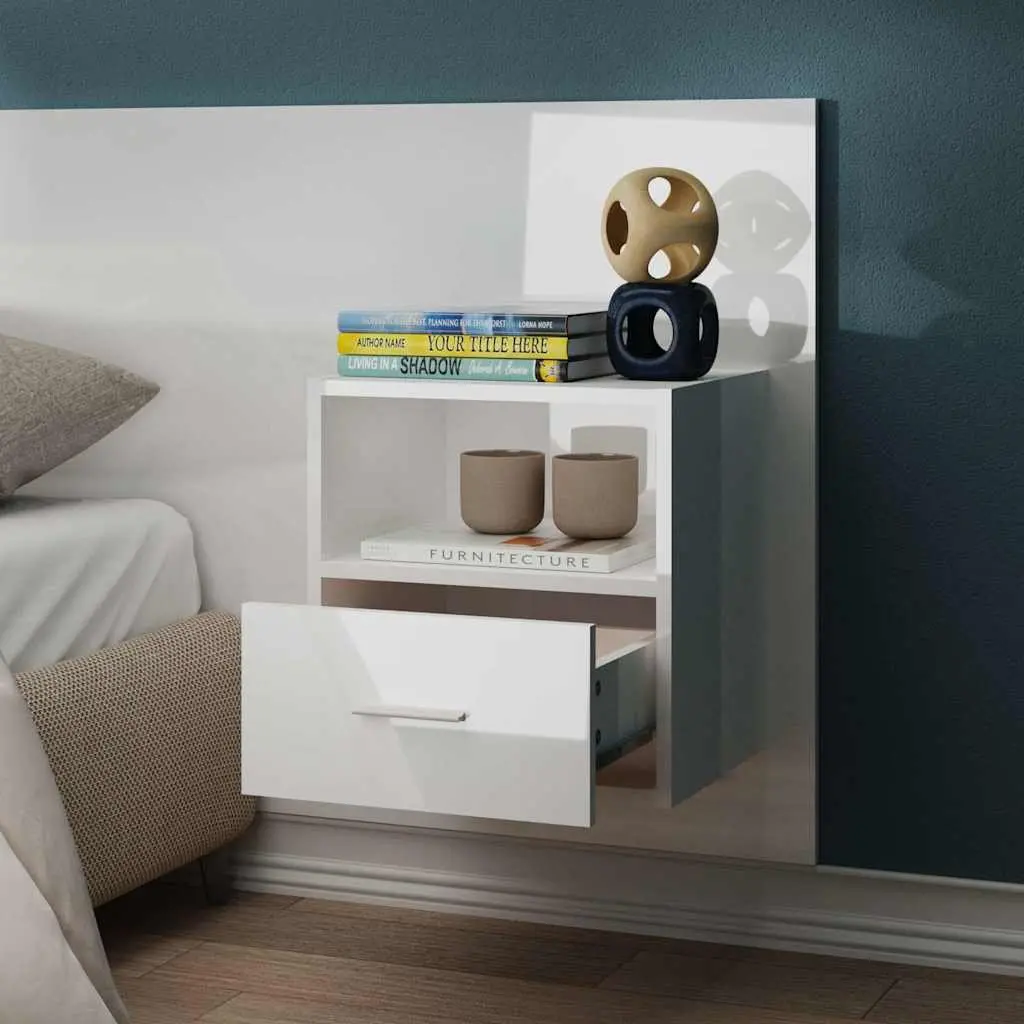 Wall-mounted Bedside Cabinet Engineered Wood White High Gloss