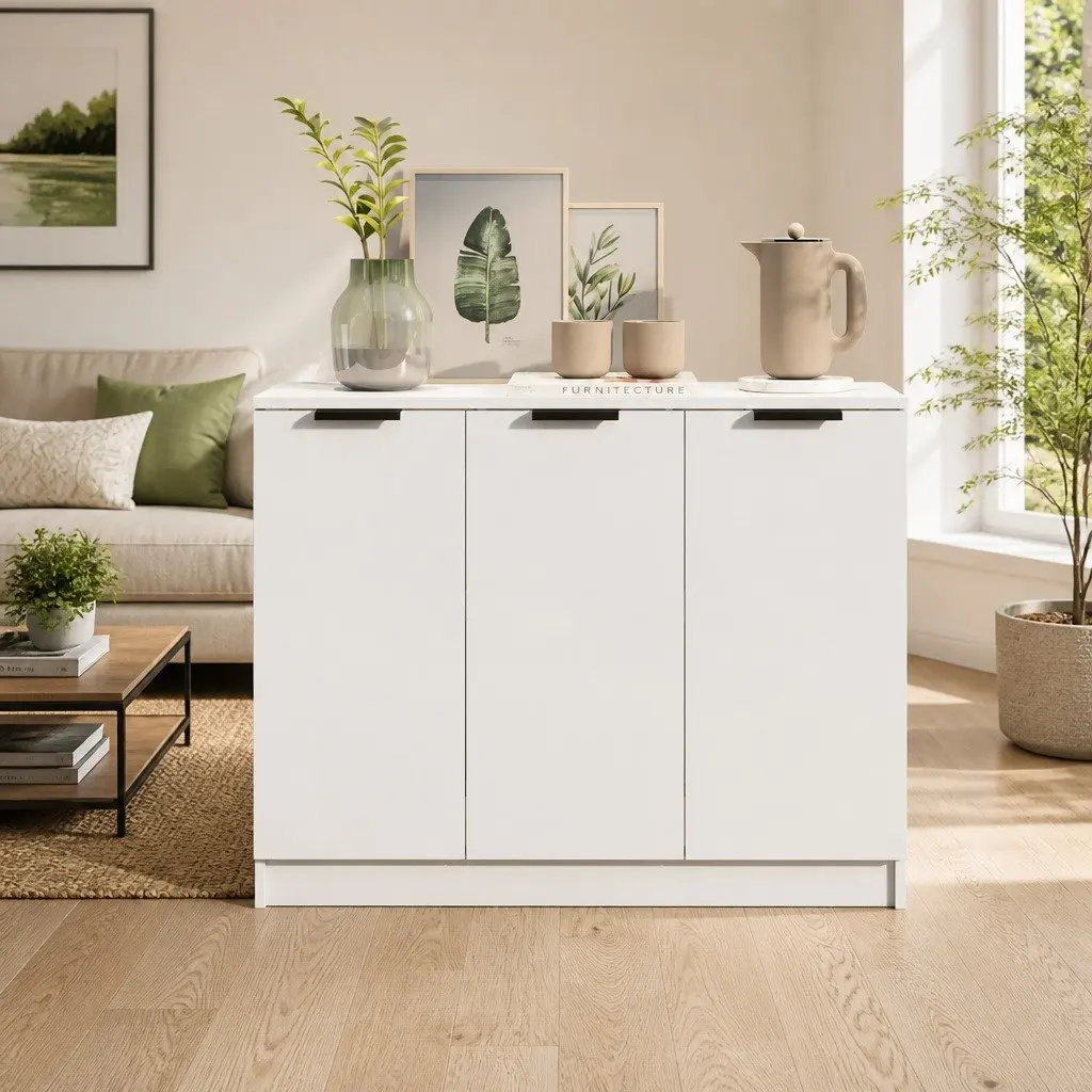 Sideboard White 90.5x30x70 cm Storage Cabinet 3 Doors Engineered Wood Furniture