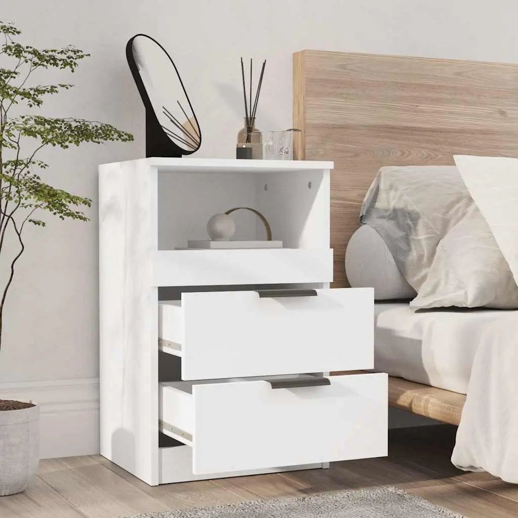 Bedside Table White Engineered Wood 2 Drawer 1 Compartment Storage