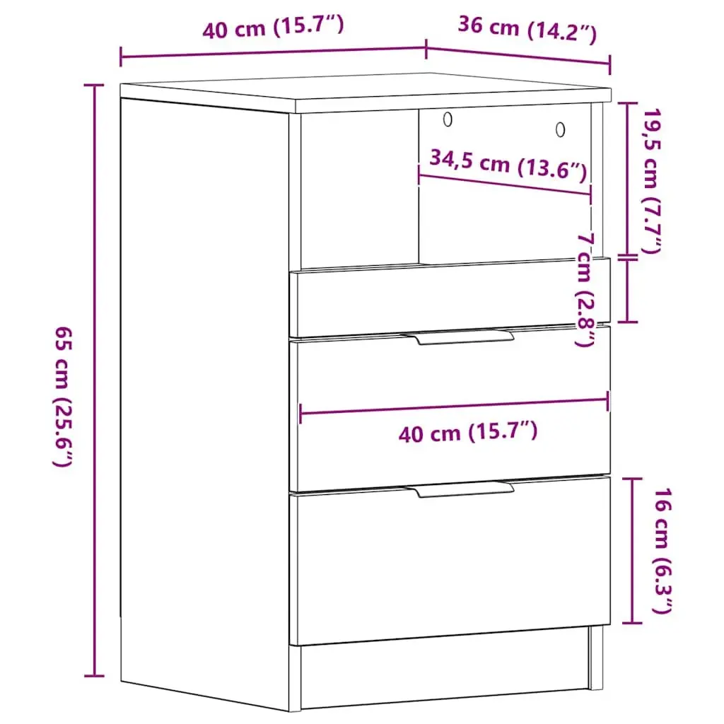 Bedside Table White Engineered Wood 2 Drawer 1 Compartment Storage