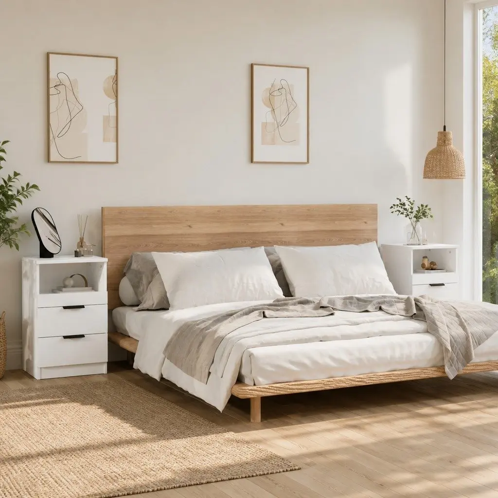 2 Piece Bedside Cabinets Engineered Wood Nightstand White with Storage Drawers