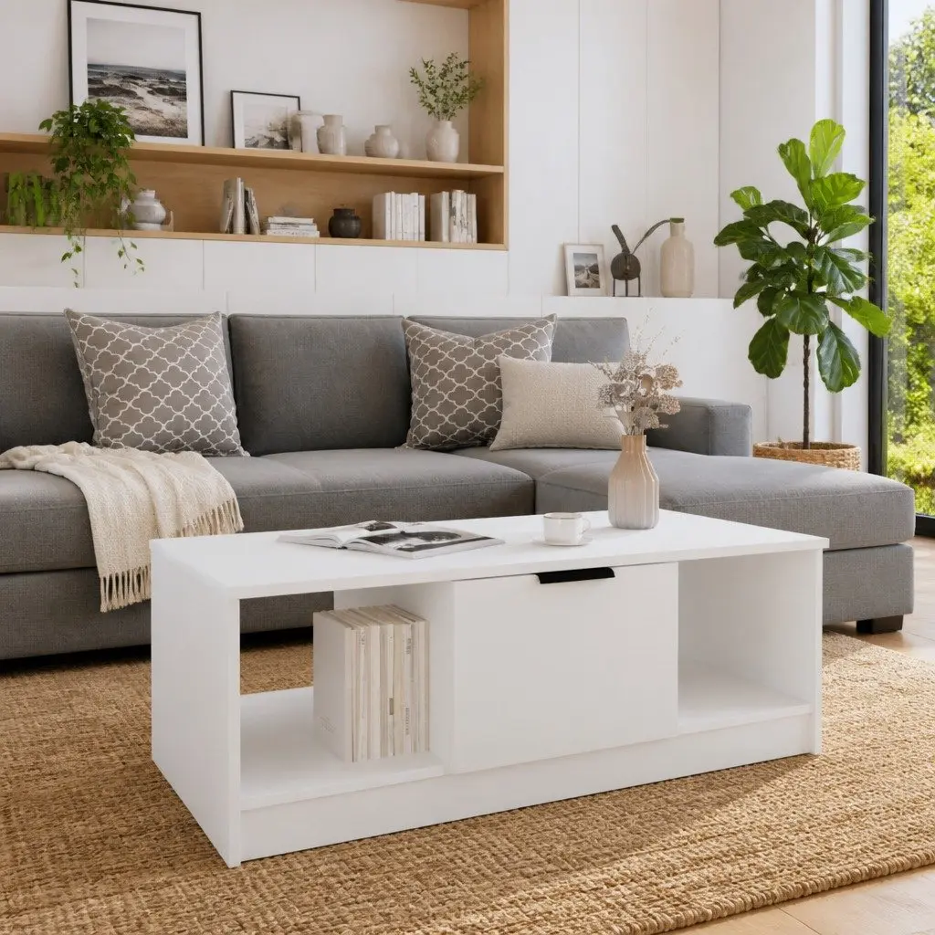 Coffee Table White Engineered Wood 102x50x36cm with Organised Storage Compartments