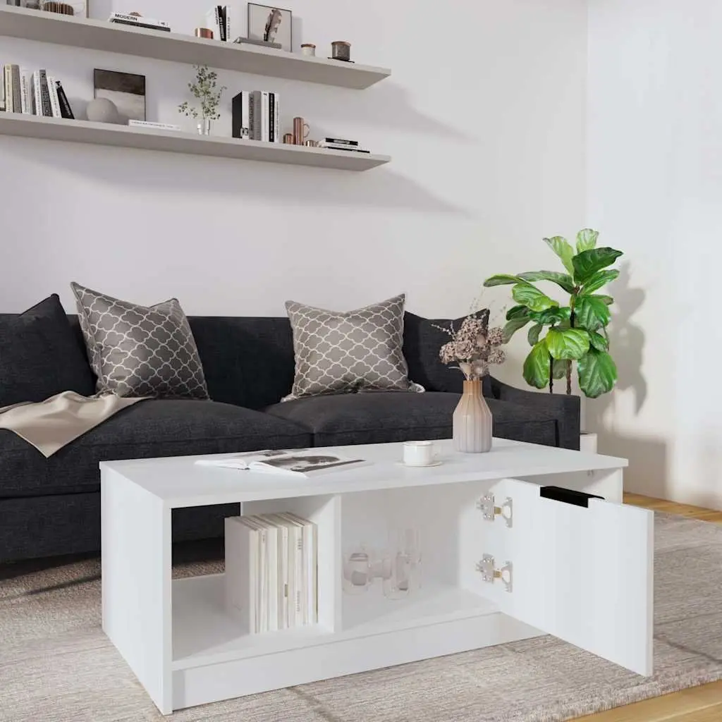 Coffee Table White Engineered Wood 102x50x36cm with Organised Storage Compartments