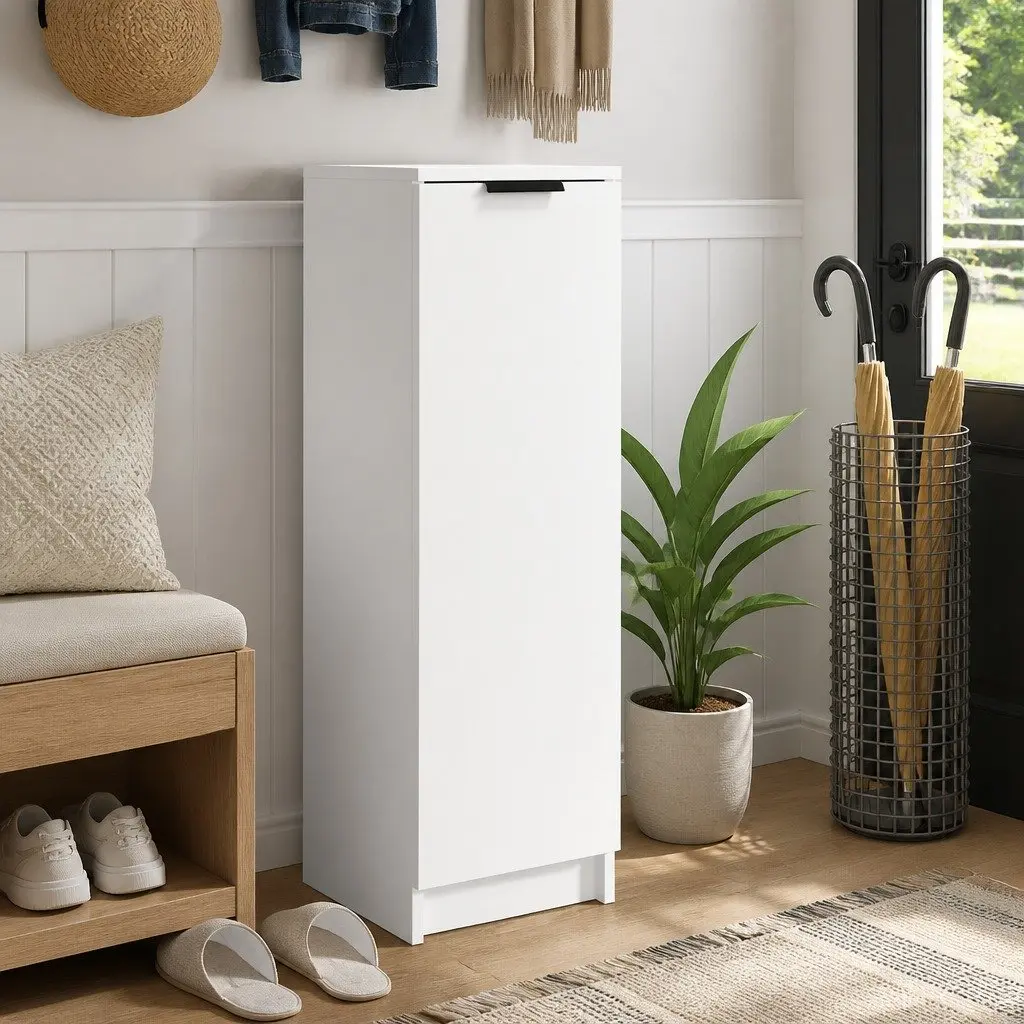 Shoe Cabinet White Engineered Wood 30W x 35D x 100H cm with Door Shelves Storage Organizer for Home Furniture
