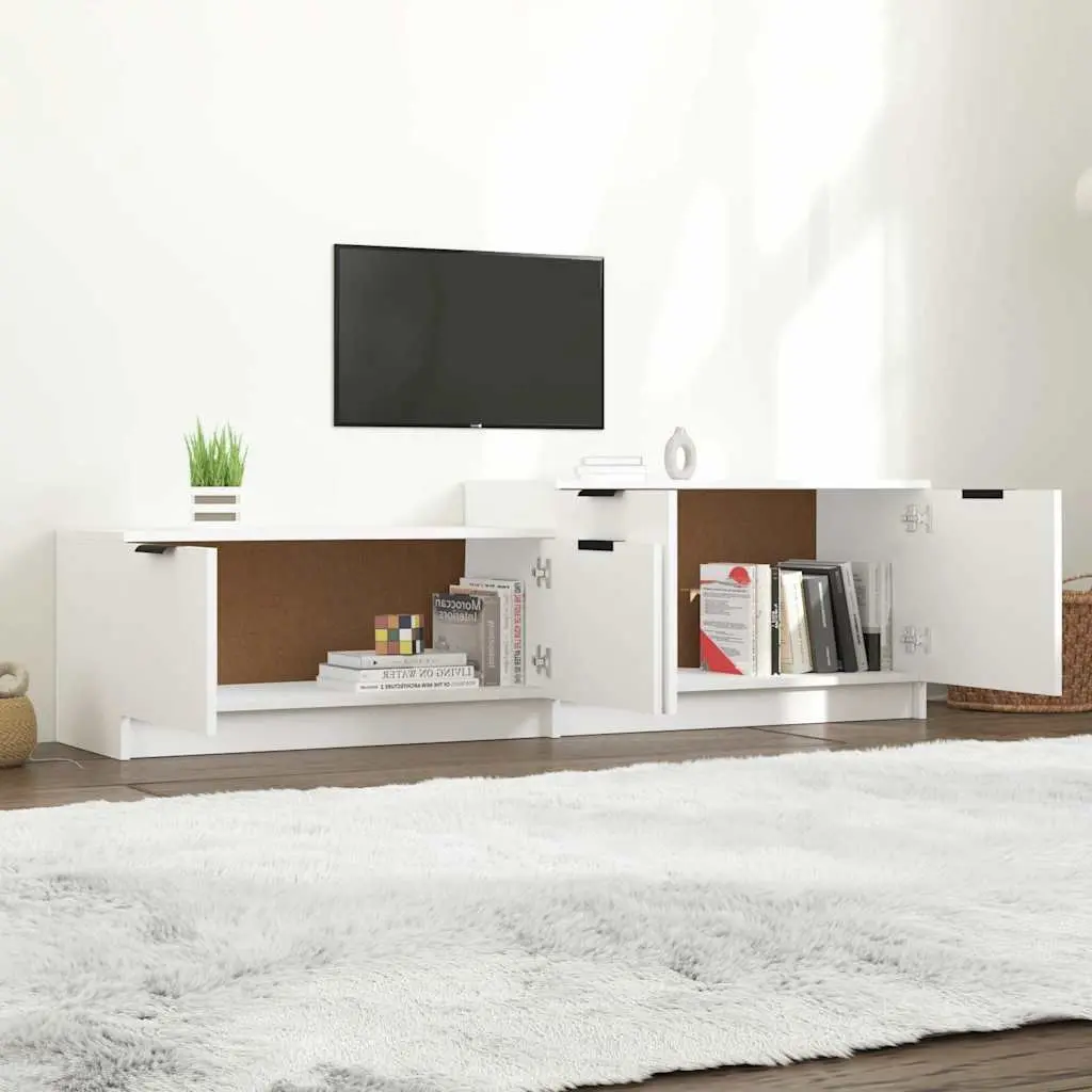 TV Cabinet White Engineered Wood Storage Unit With Doors and Compartments
