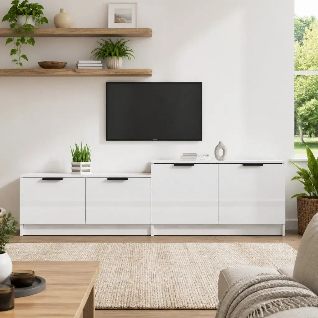TV Cabinet White High Gloss Modern Storage Unit with Doors Compartments Media