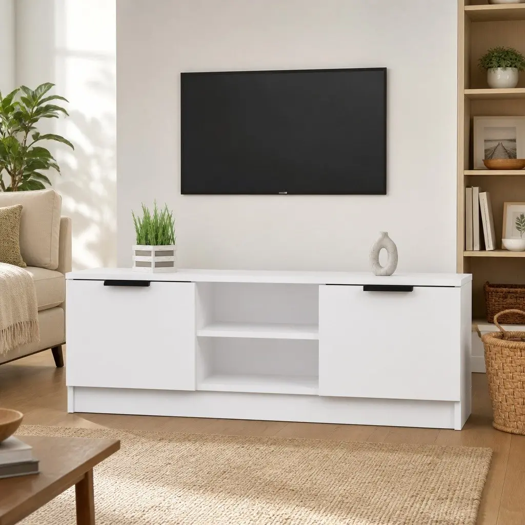 White Engineered Wood TV Cabinet with Open and Closed Compartments 102x35x36.5 cm Storage Unit for Living Room
