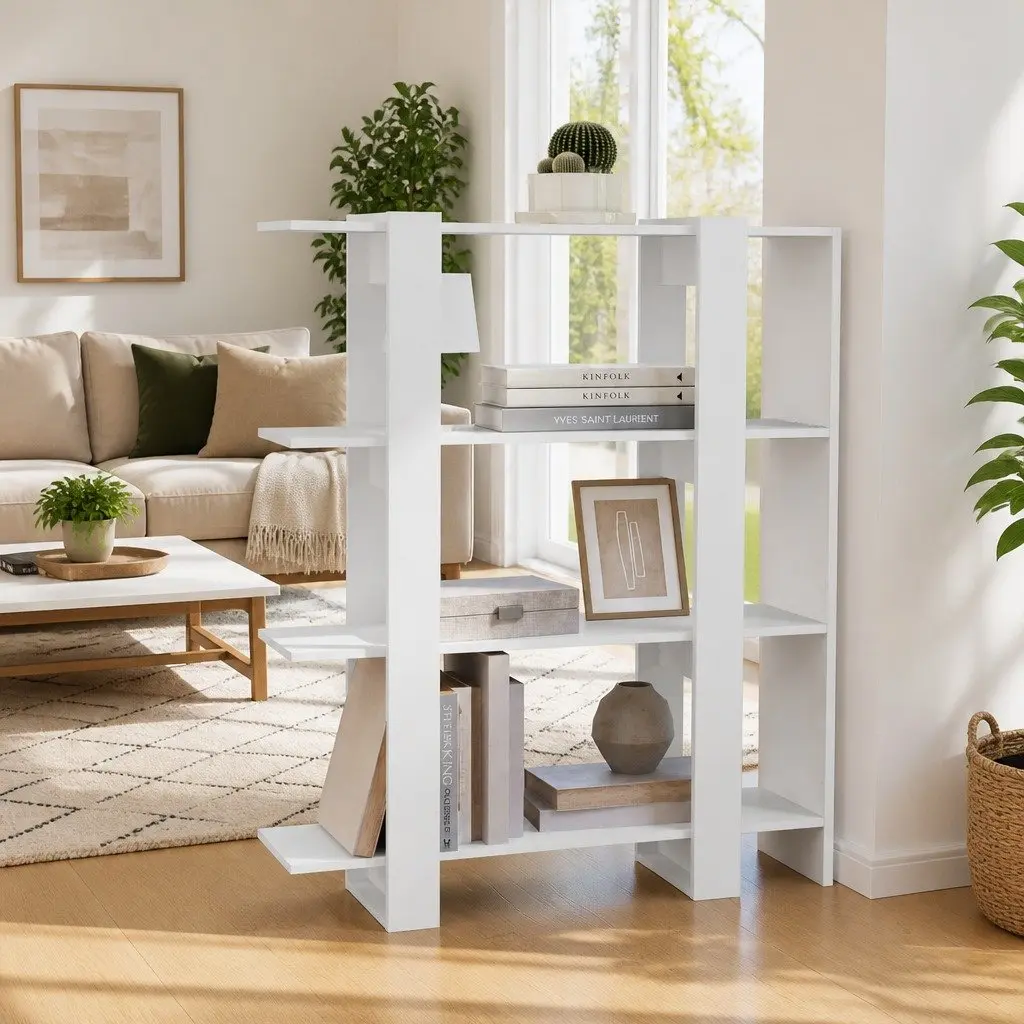Room Divider Book Cabinet White Storage Shelving Display Stand 100W x 30D x 123.5H cm