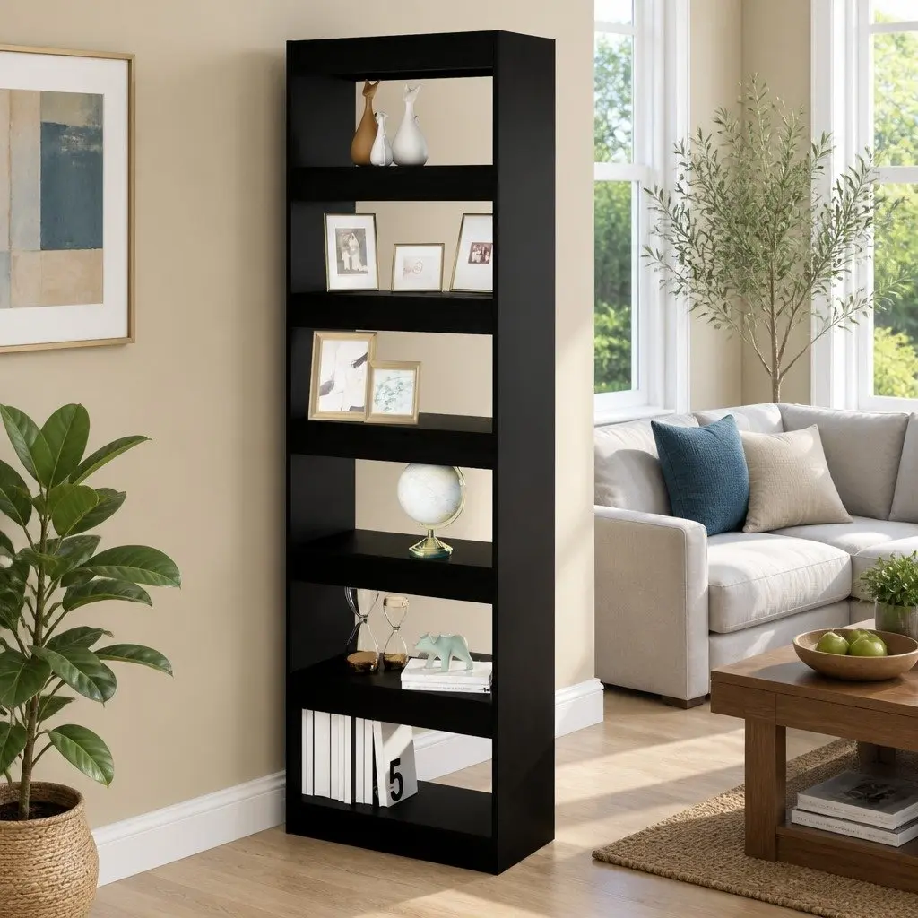 Wooden Room Divider Storage Unit Black 60cm Width 30cm Depth 198cm Height Shelving Cabinet