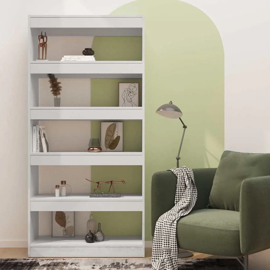 Room Divider Book Cabinet Engineered Wood Storage Organiser 80cm Width 30cm Depth 166cm Height White High Gloss