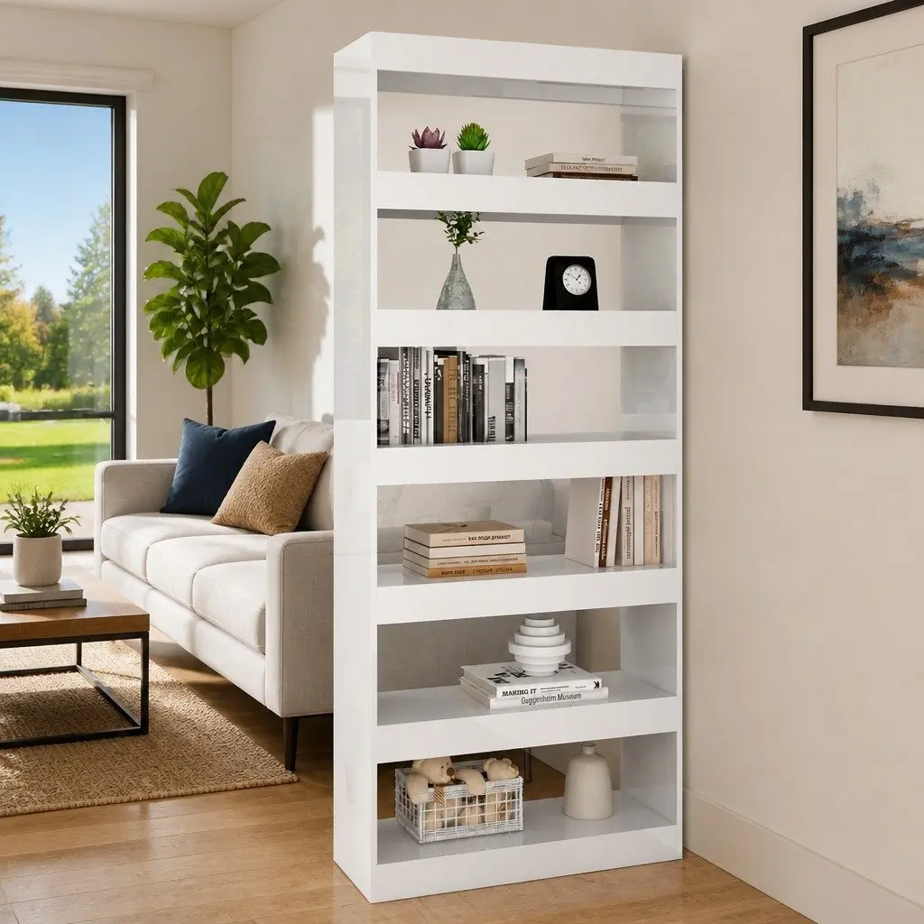 Book Cabinet Engineered Wood 80x30x198 cm High Gloss White Standing Bookshelf Room Divider