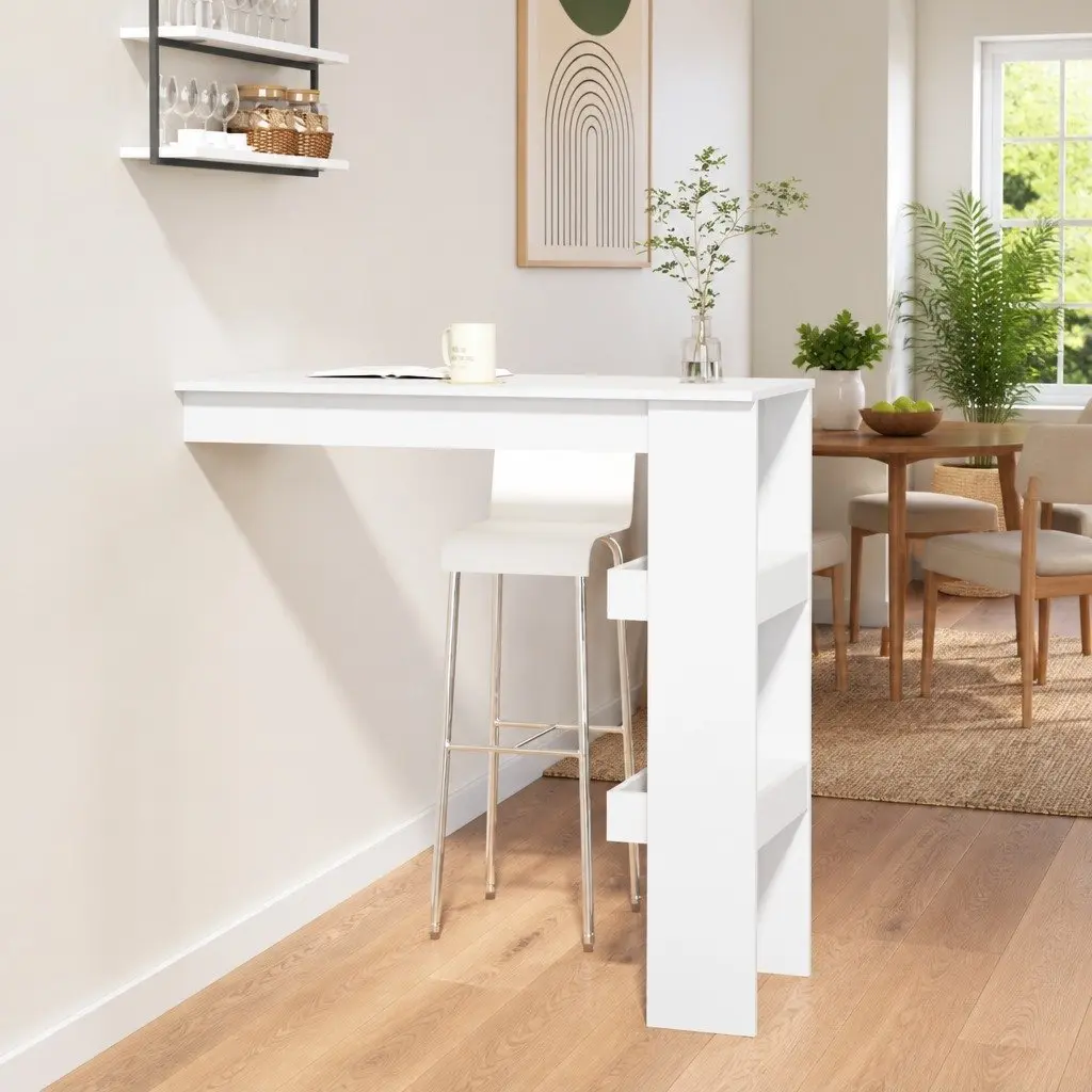 Wall-Mounted Table Engineered Wood White 102x45x1035cm Kitchen Dining Storage Compartments