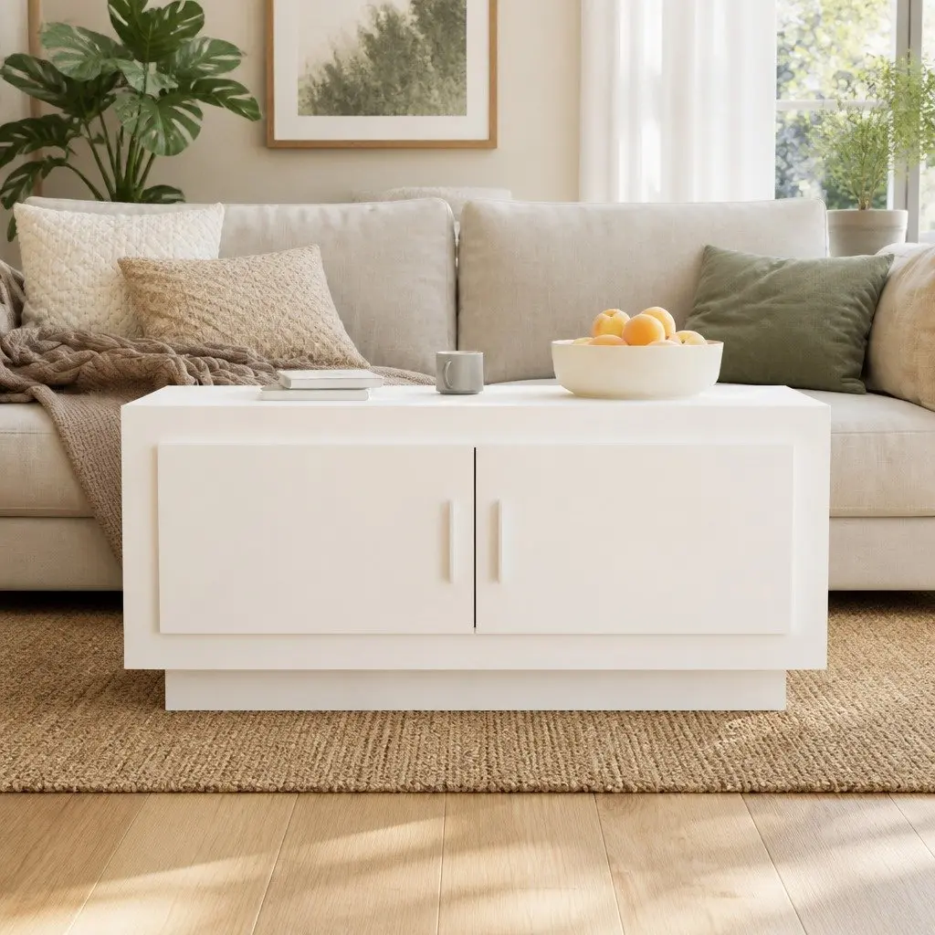 Coffee Table Engineered Wood 102 x 50 x 45 cm White with Storage Doors