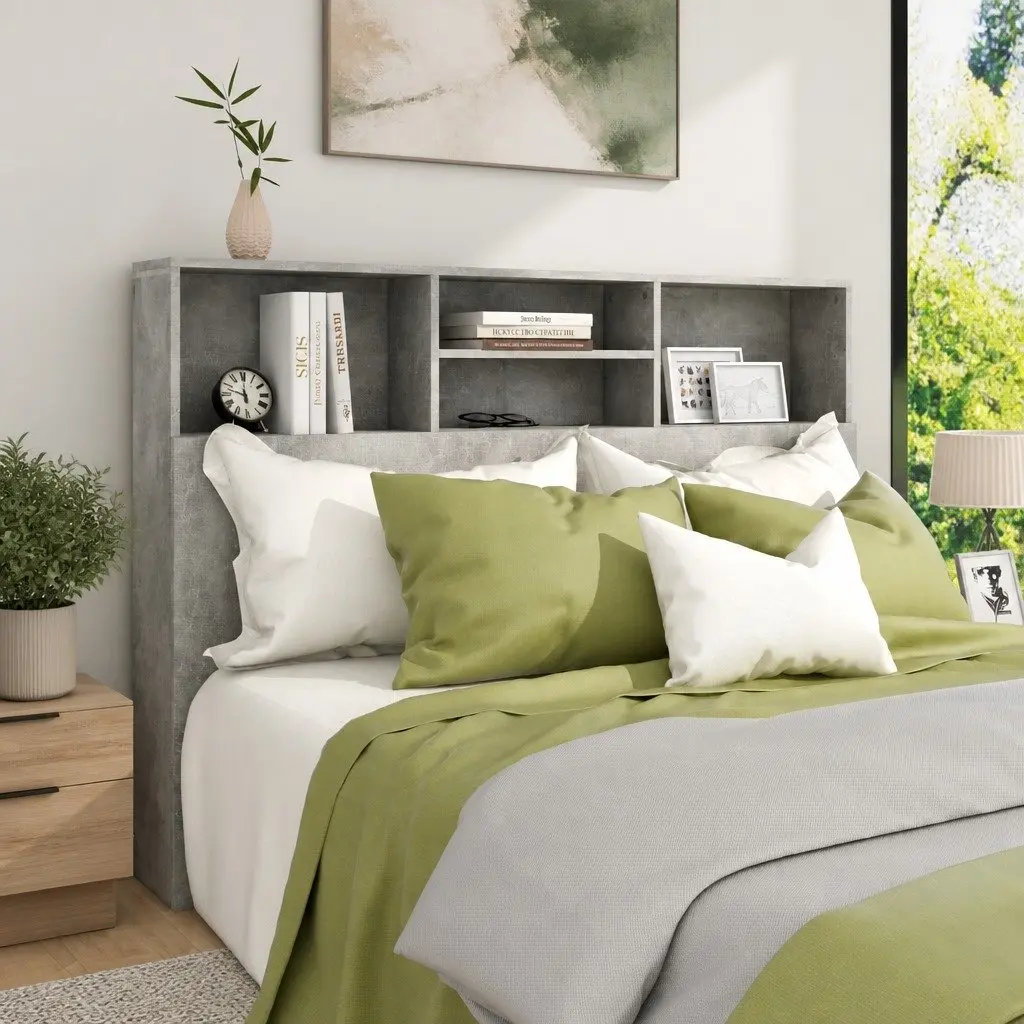 Storage Cabinet Headboard Engineered Wood 140cm Grey Bedroom Wall Organizer with Compartments