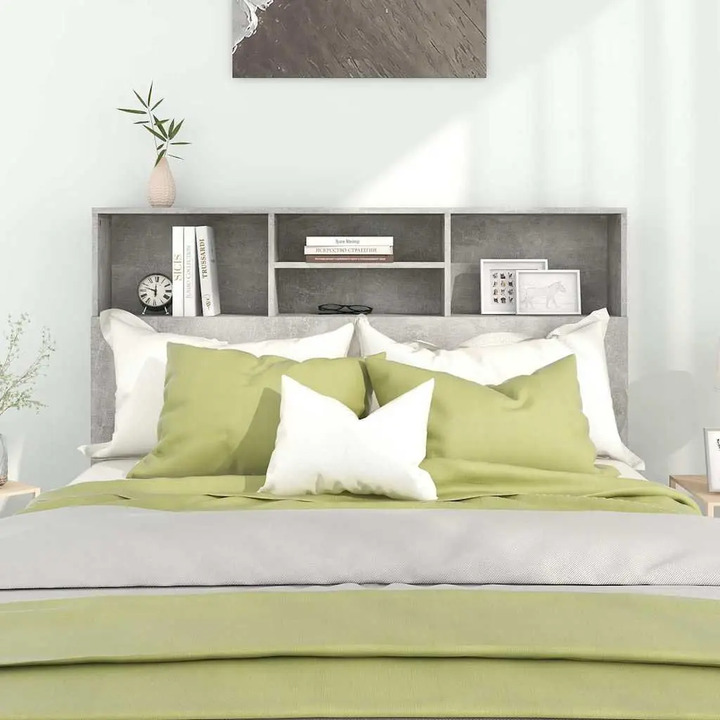 Storage Cabinet Headboard Engineered Wood 140cm Grey Bedroom Wall Organizer with Compartments