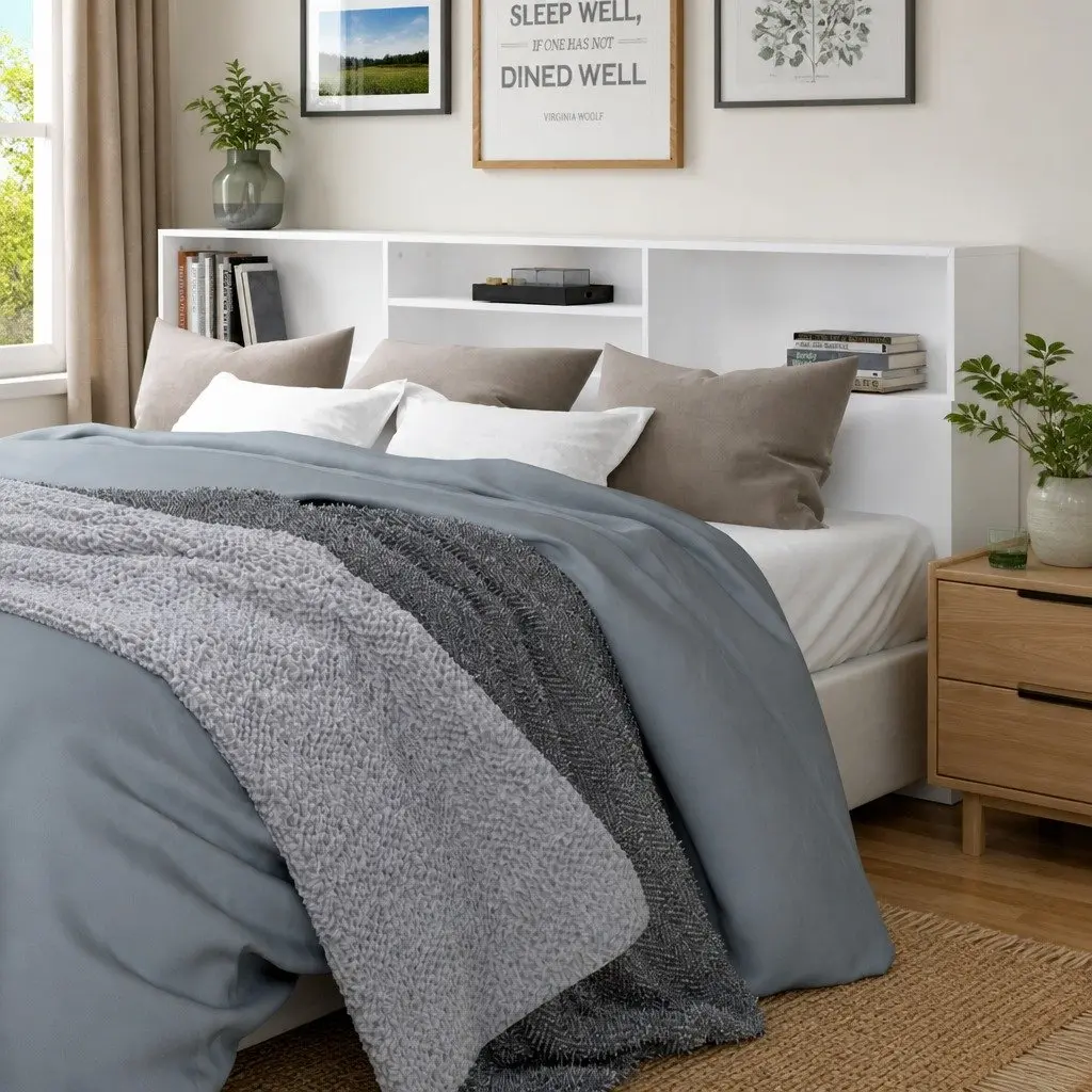 Headboard Cabinet Engineered Wood 220 cm White Wall Mounted Storage Bedroom Furniture