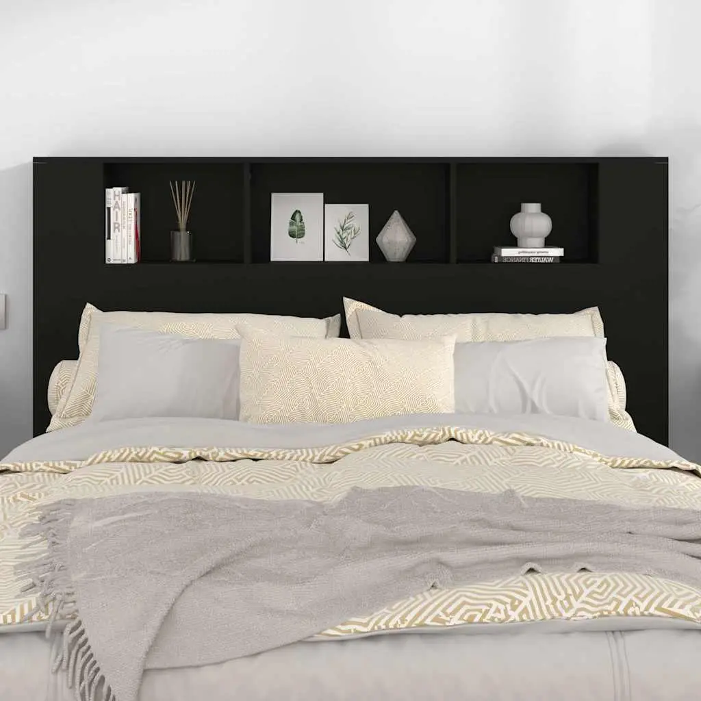 Wall-Mounted Black Headboard Cabinet 160cm Engineered Wood Bedroom Storage Bookcase Five Compartments