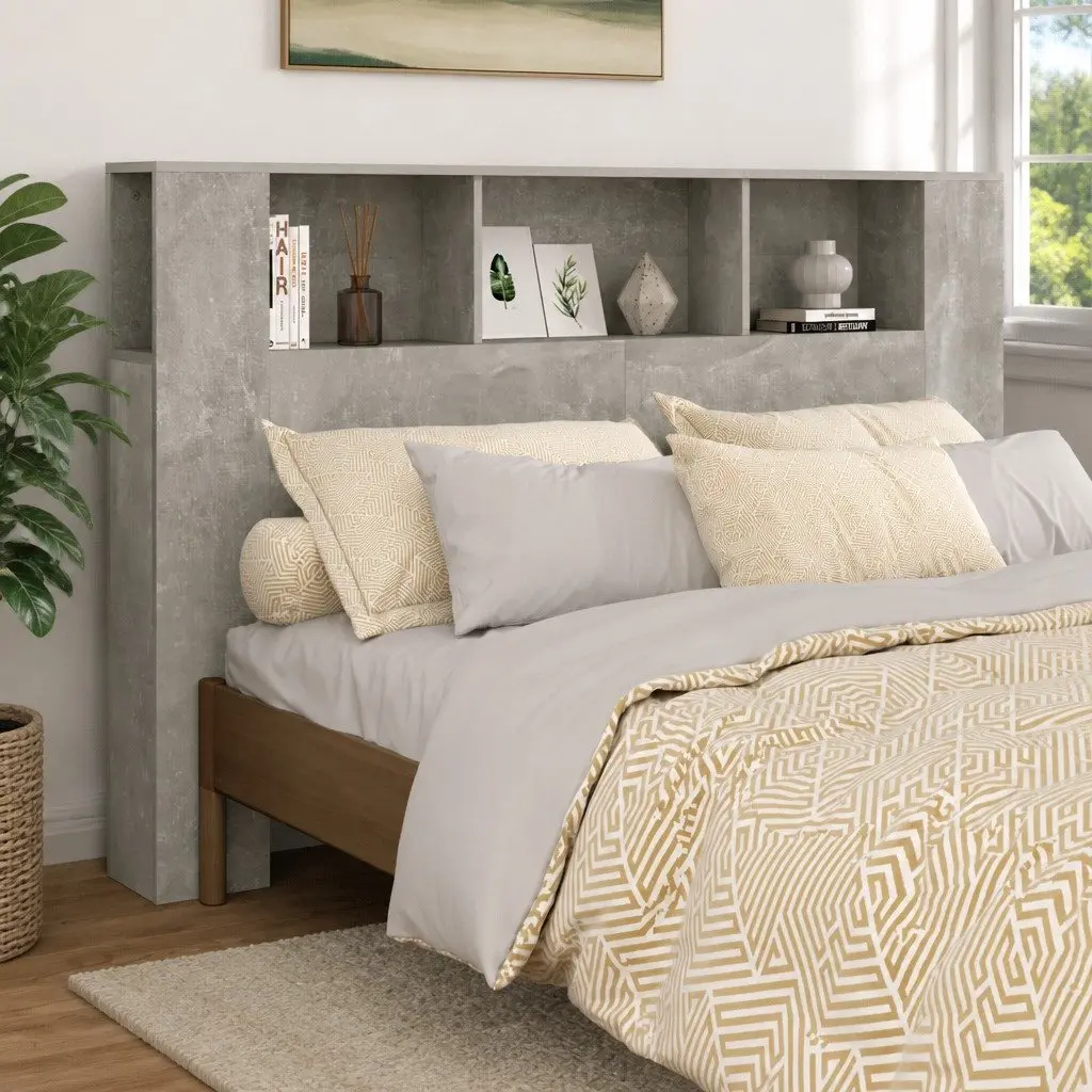 Headboard Cabinet Grey Wall-Mounted Bedroom Storage Organiser Compartments