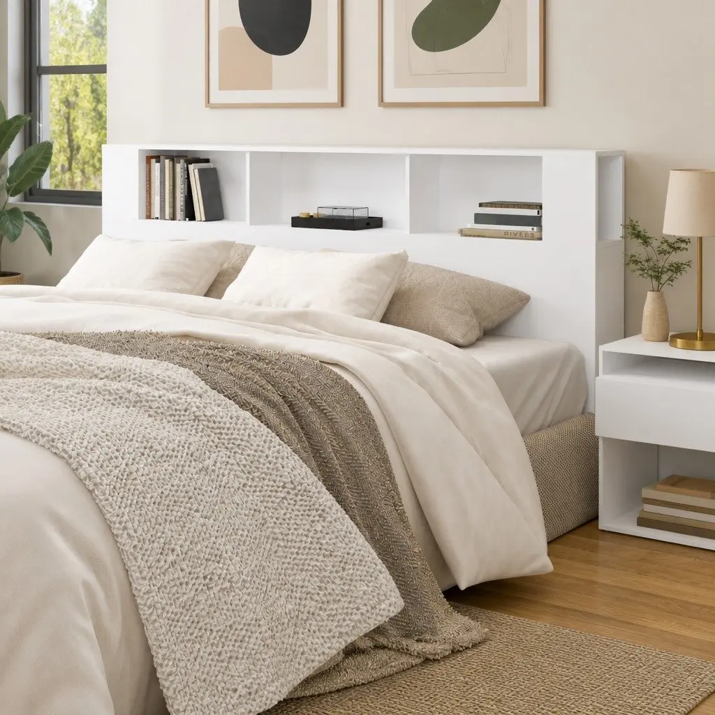 Headboard Cabinet Engineered Wood 200cm White Wall Storage Organiser