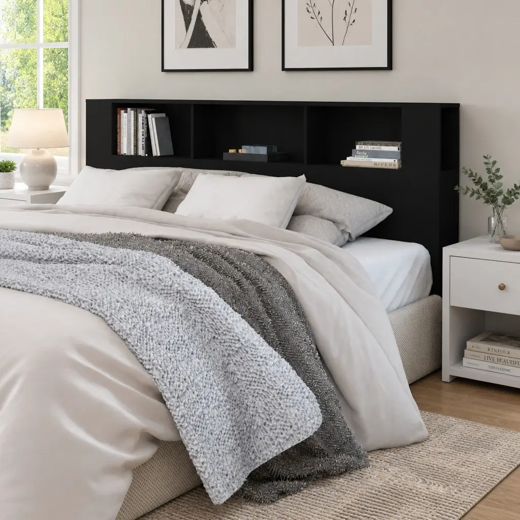 Black Wall-Mount Headboard Cabinet 200cm Engineered Wood Storage Unit with Three Compartments for Bedroom Furniture