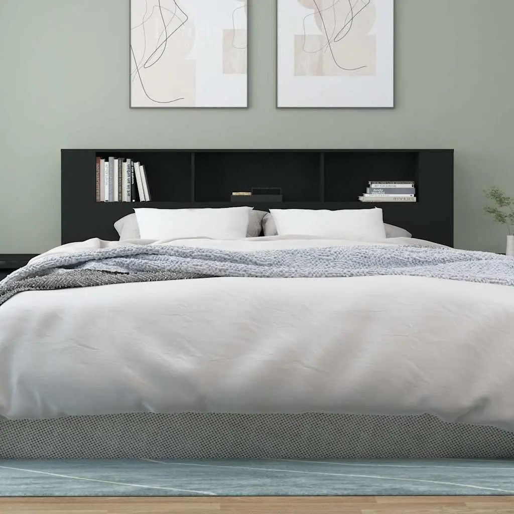 Black Wall-Mount Headboard Cabinet 200cm Engineered Wood Storage Unit with Three Compartments for Bedroom Furniture