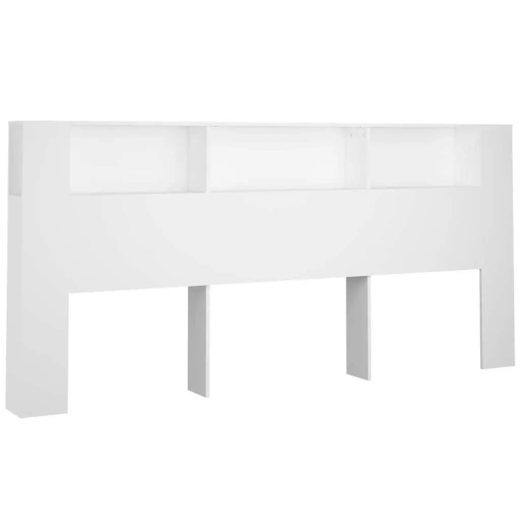 White Headboard Cabinet Engineered Wood 220cm Bedroom Storage Unit with Three Compartments and Wall Attachment