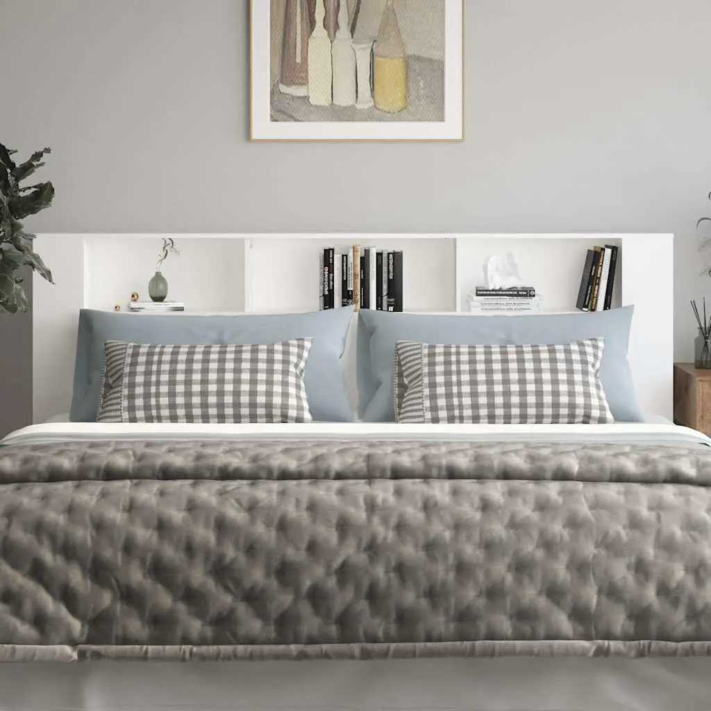 White Headboard Cabinet Engineered Wood 220cm Bedroom Storage Unit with Three Compartments and Wall Attachment
