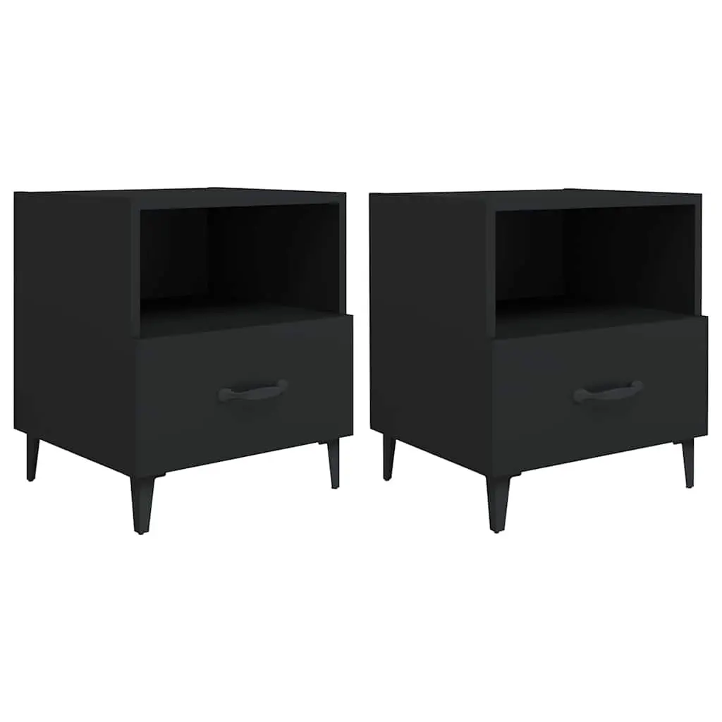 Bedside Cabinets Engineered Wood 2 Piece Black Storage Nightstand Drawer Shelf