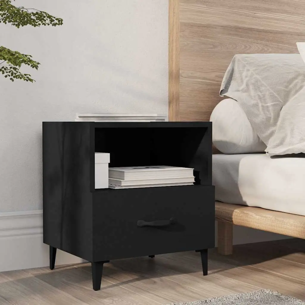 Bedside Cabinets Engineered Wood 2 Piece Black Storage Nightstand Drawer Shelf
