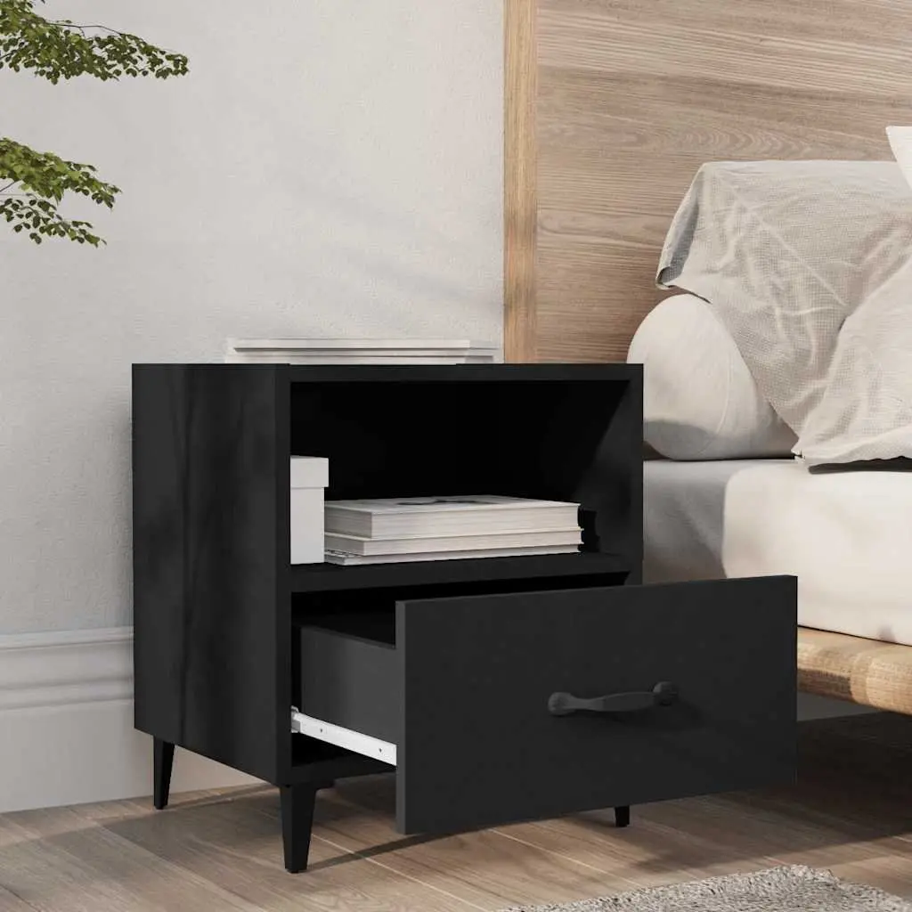Bedside Cabinets Engineered Wood 2 Piece Black Storage Nightstand Drawer Shelf