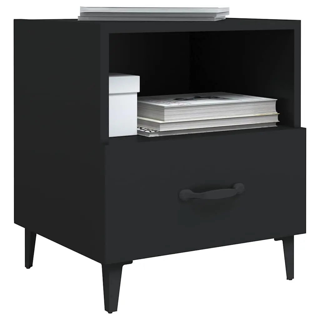 Bedside Cabinets Engineered Wood 2 Piece Black Storage Nightstand Drawer Shelf