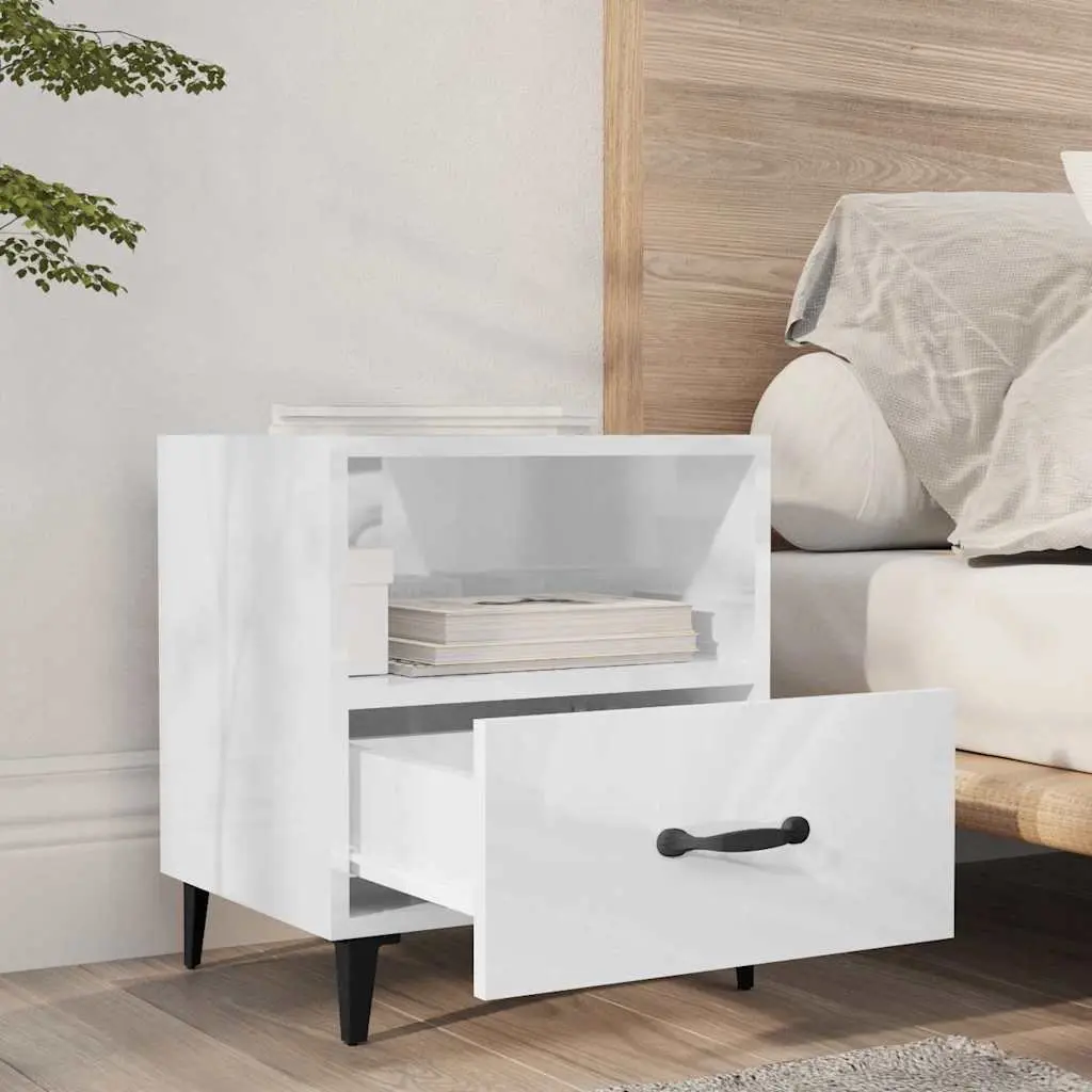 Bedside Cabinets Engineered Wood High Gloss White 2 Piece Nightstand with 1 Drawer and 1 Shelf