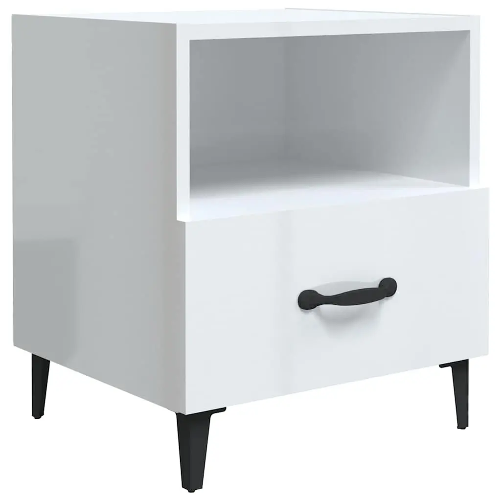 Bedside Cabinets Engineered Wood High Gloss White 2 Piece Nightstand with 1 Drawer and 1 Shelf