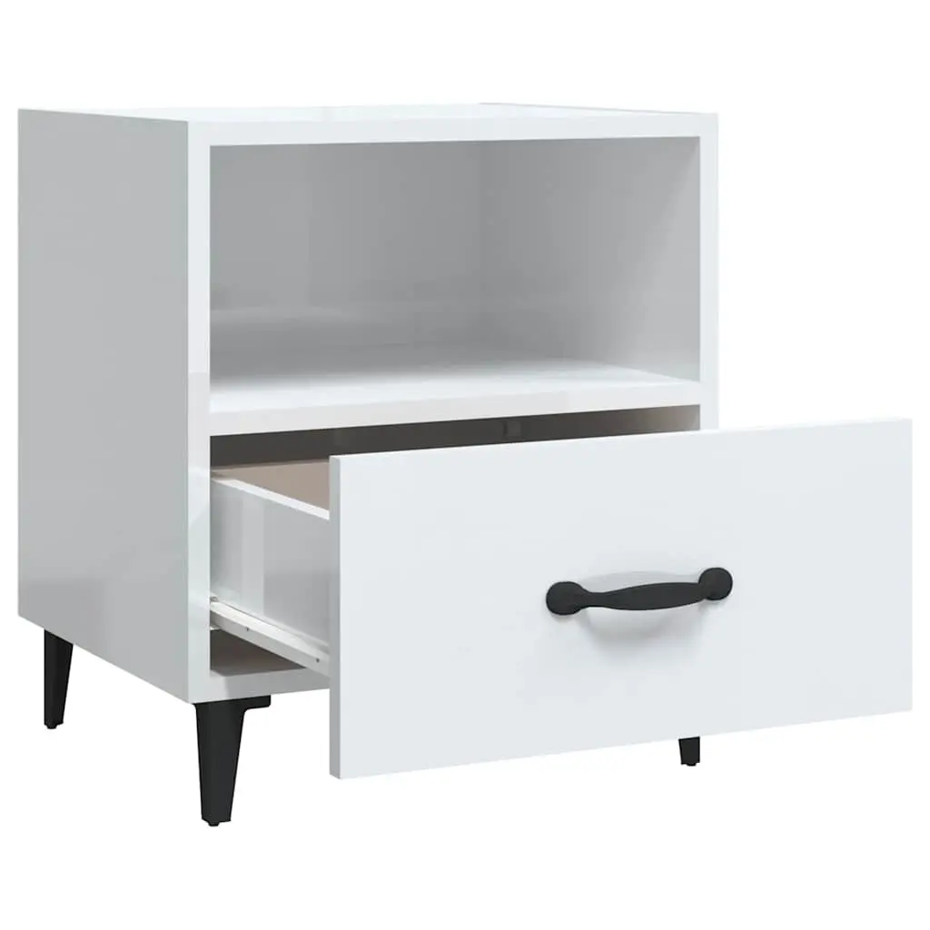 Bedside Cabinets Engineered Wood High Gloss White 2 Piece Nightstand with 1 Drawer and 1 Shelf