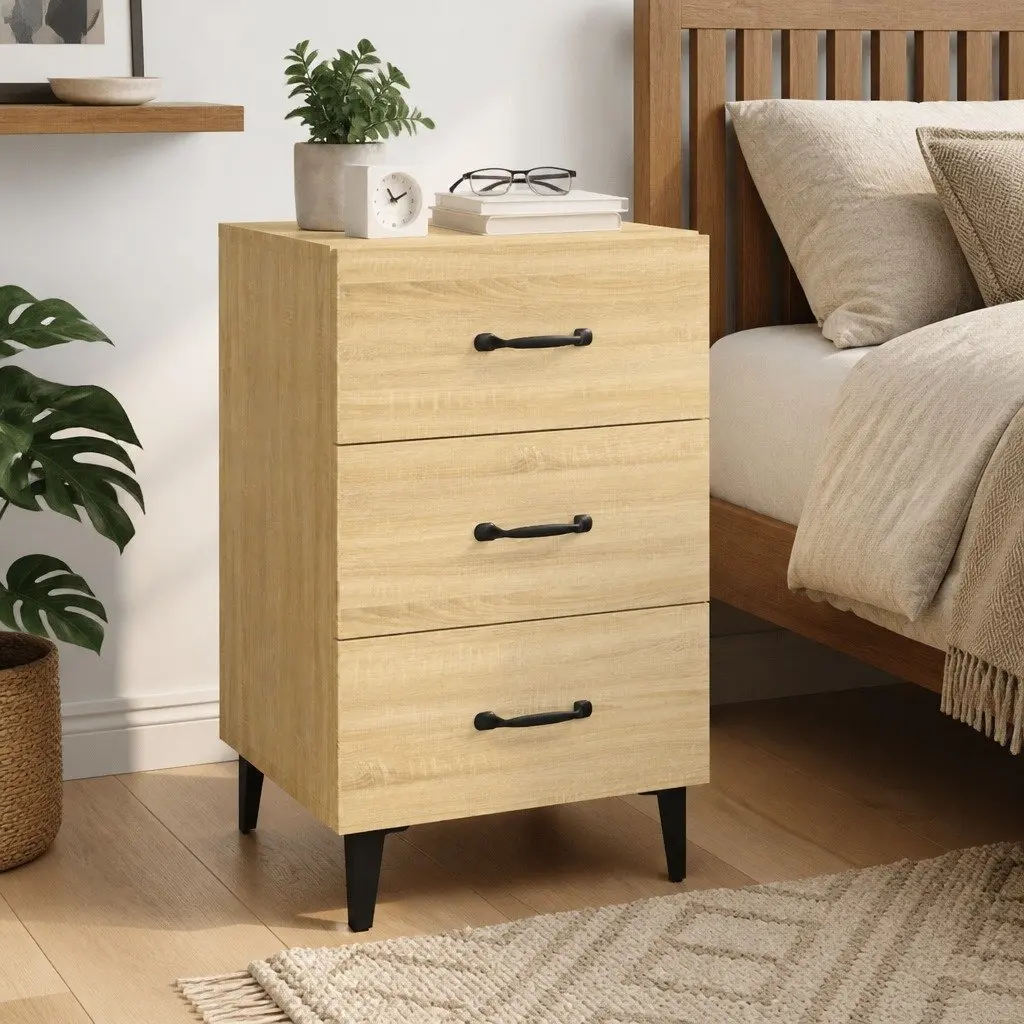 Bedside Table Engineered Wood Brown 3 Drawer Nightstand