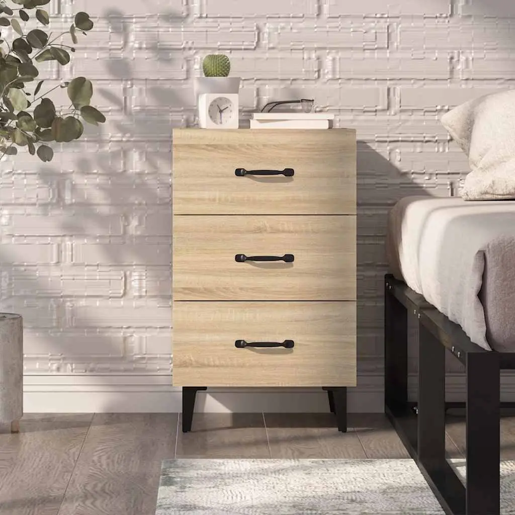 Bedside Table Engineered Wood Brown 3 Drawer Nightstand
