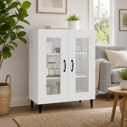 White Sideboard Cabinet with Glass Doors Storage Buffet Engineered Wood