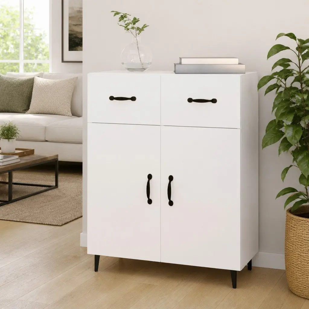 Sideboard Engineered Wood High Gloss White 69.5x34x90cm Storage Cabinet 2 Doors 2 Drawers