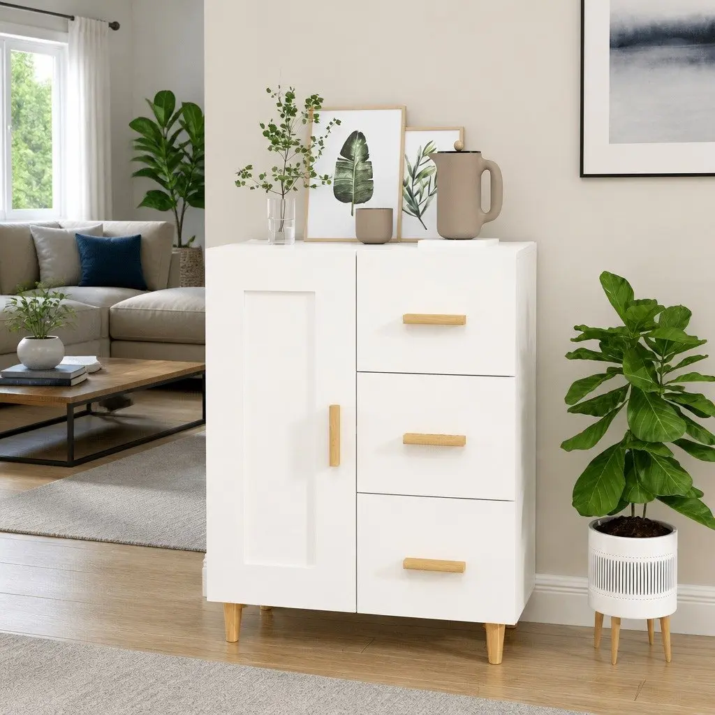 High Gloss White Storage Cabinet Sideboard Engineered Wood 69.5x34x90cm Living Room Furniture