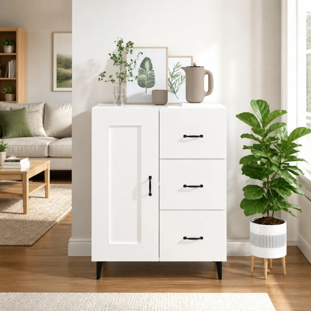 White High Gloss Sideboard Storage Cabinet Engineered Wood Living Room Furniture