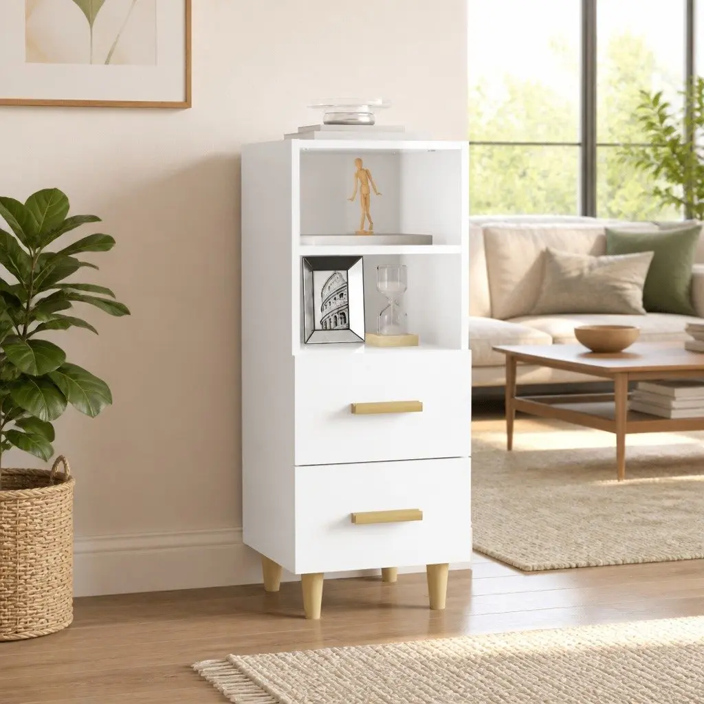 High Gloss White Sideboard 2 Drawers 2 Shelves Engineered Wood Storage Cabinet